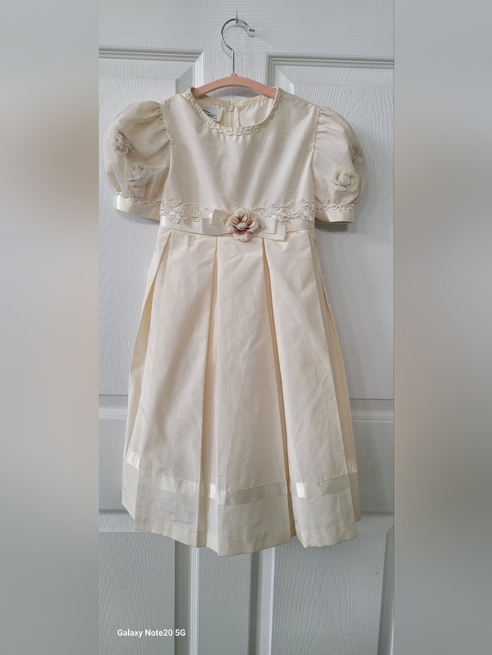Vintage Bonnie Jean Cream Satin Dress with Floral Trim